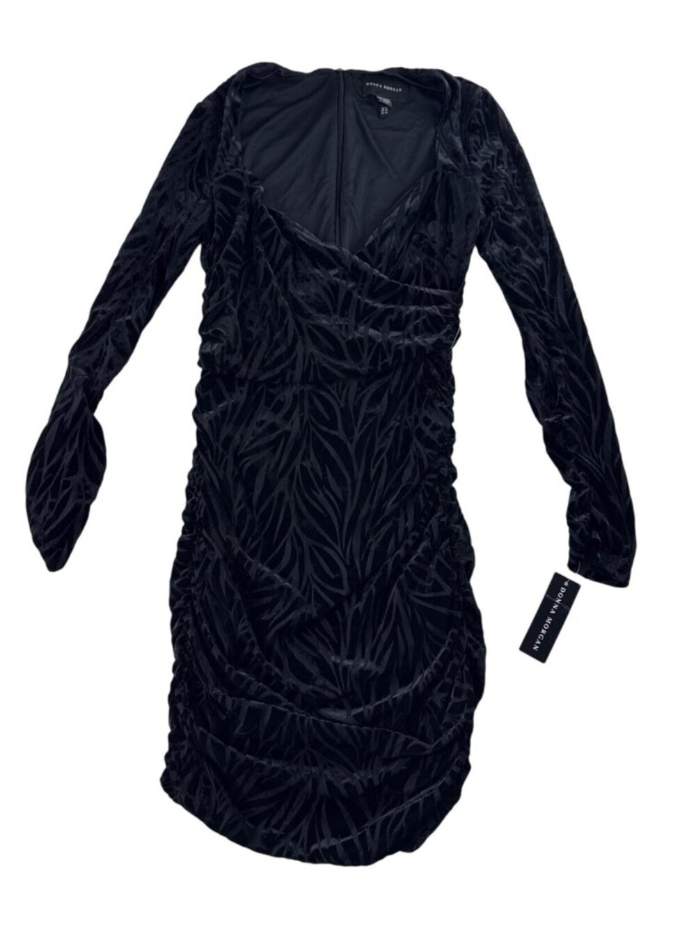 NWT Donna Morgan Black Velvet Ruched Mini Dress Women's 6 Long Sleeve Stretch